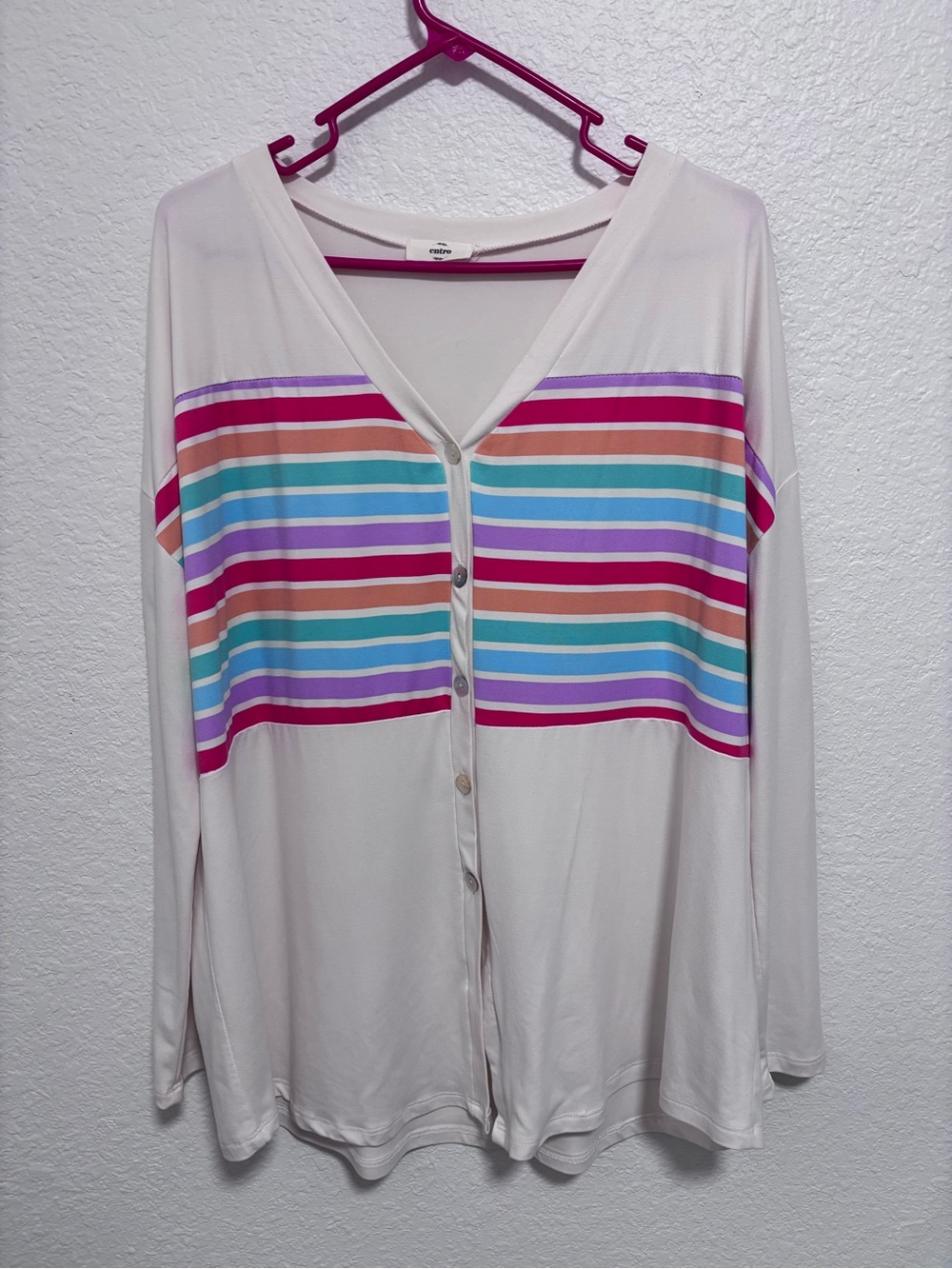 entro Cream Button-Front Top with Bright Horizontal Stripes